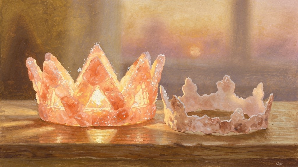 A crown cut from pink rock salt beside last year's, thin as paper