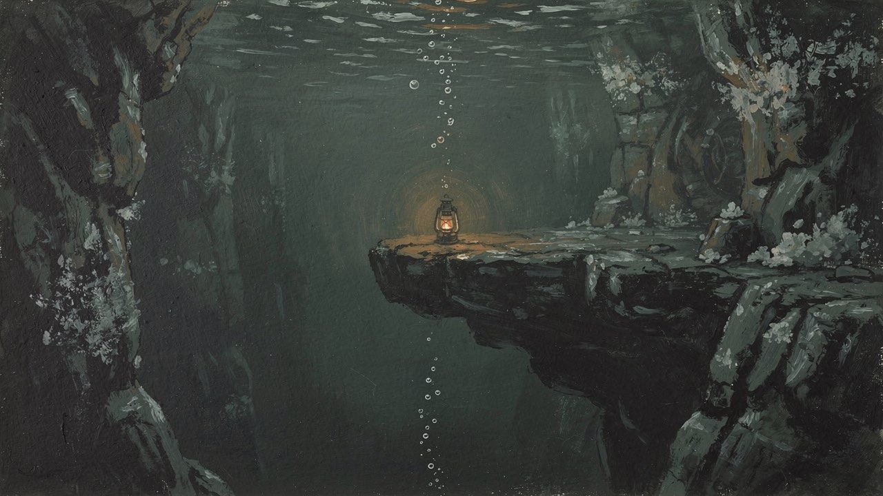 A lamp still burning on a ledge under dark water