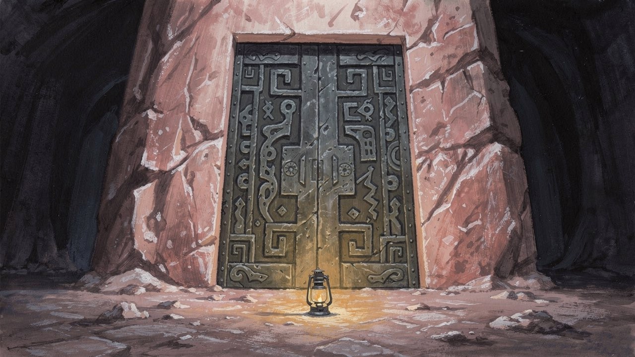 A sealed carved gate in a salt wall, one lamp at its foot