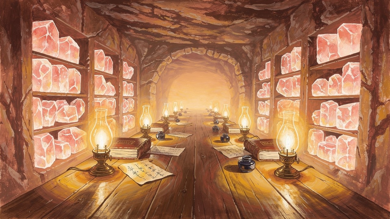 The copyists' long table, lamps down its length