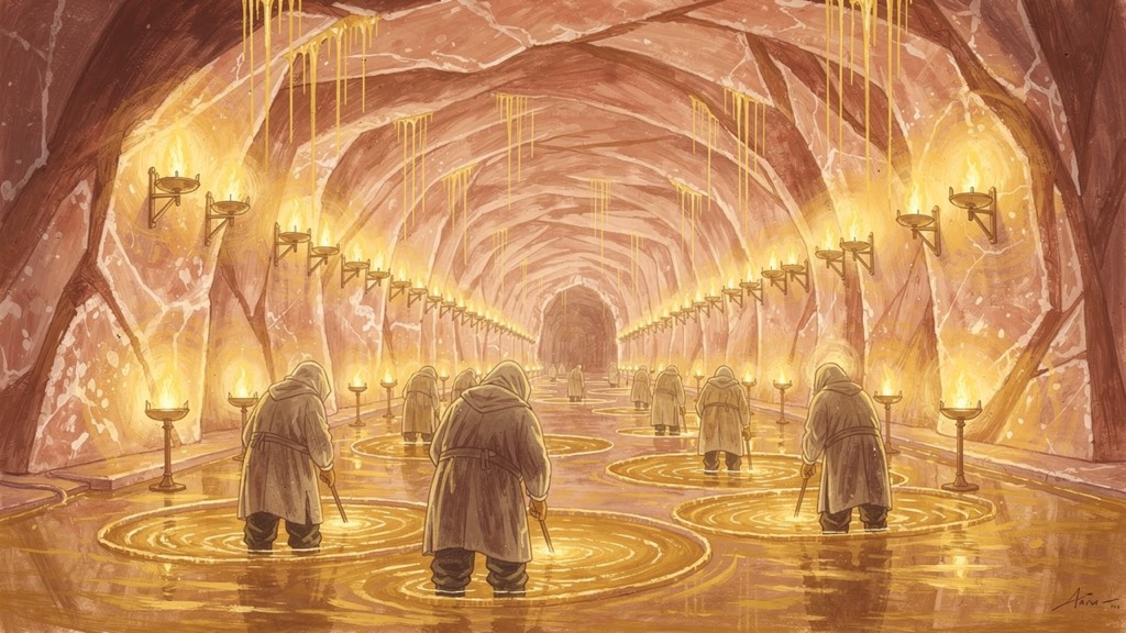 A vast lamplit salt gallery, miners small against the walls