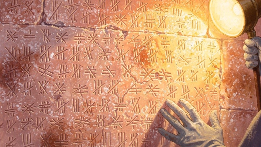 A salt wall carved with thousands of tally strokes in lamplight